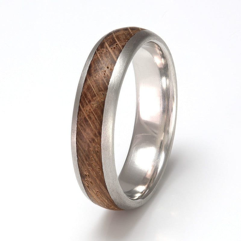 Brushed platinum wedding ring | 6mm wide rounded edge brushed platinum wedding band with a centred wood inlay | Oak example