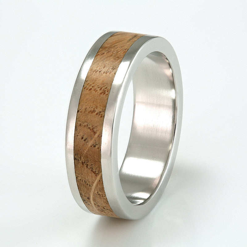 Wide platinum wedding band | 7mm wide flat edged platinum wedding band with a centred wood inlay | by Eco Wood Rings UK