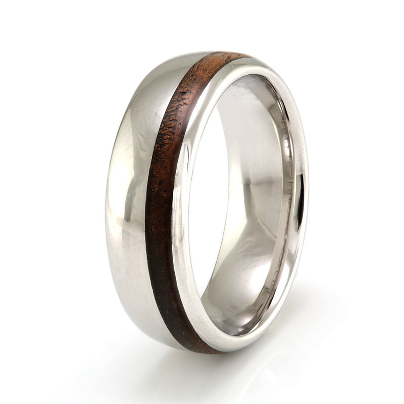 Wide platinum wedding ring | 7mm wide rounded edge platinum wedding ring with an off centre wood inlay | by Eco Wood Rings UK