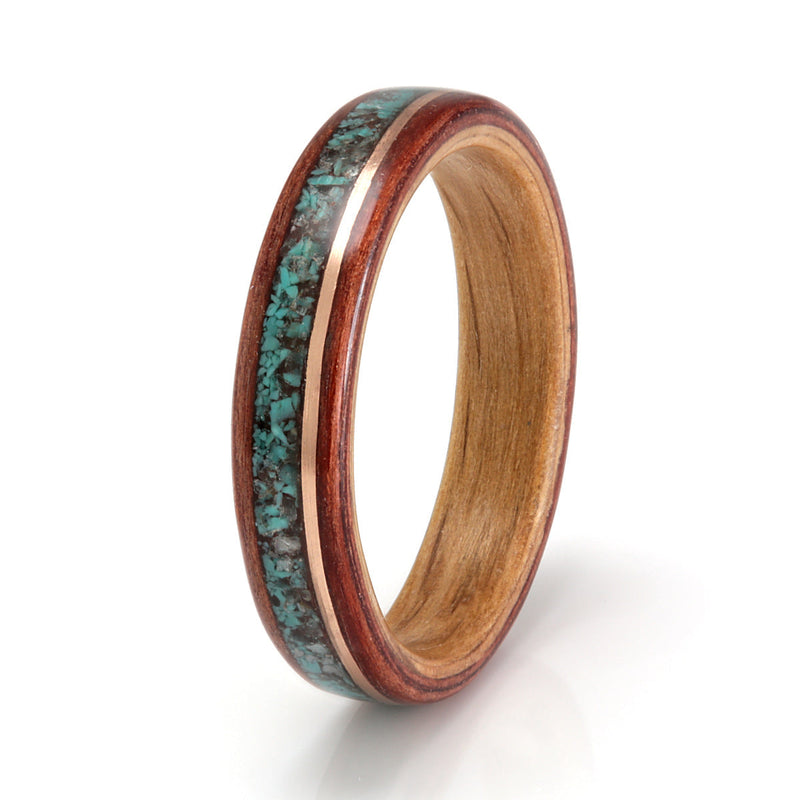 Redwood with Oak, Rose Gold, Aquamarine & Turquoise by Eco Wood Rings