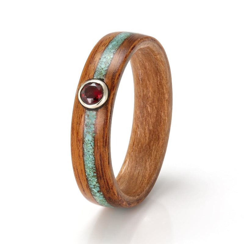 Rosewood Ring 4.5mm with Cherry, Turquoise & Red Garnet by Eco Wood Rings