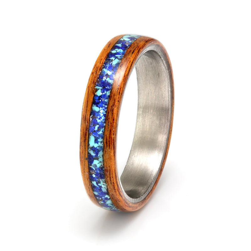 Rosewood Ring 4mm with Titanium, Lapis Lazuli, Turquoise & Moonstone by Eco Wood Rings