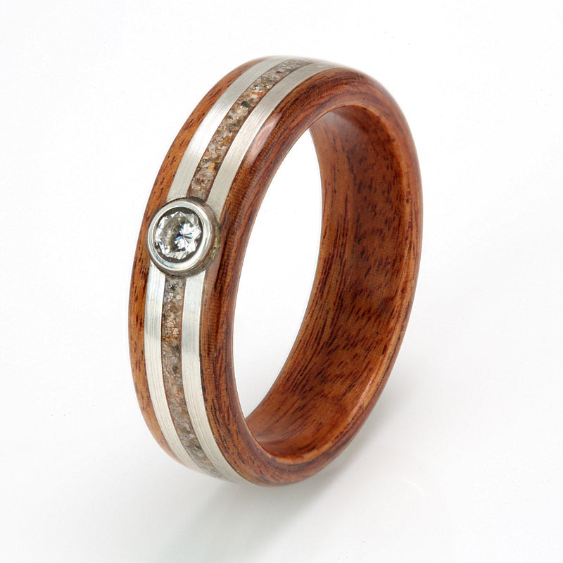 Rosewood with Sand, Shell, Silver & Moissanite by Eco Wood Rings