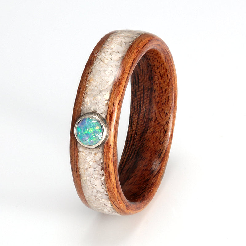 Rosewood Ring 5mm with Shell, Glass & Opal by Eco Wood Rings