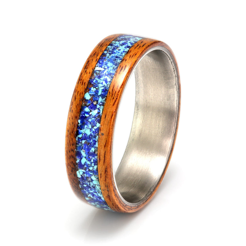 Rosewood Ring 6mm with Titanium, Lapis Lazuli, Turquoise & Moonstone by Eco Wood Rings