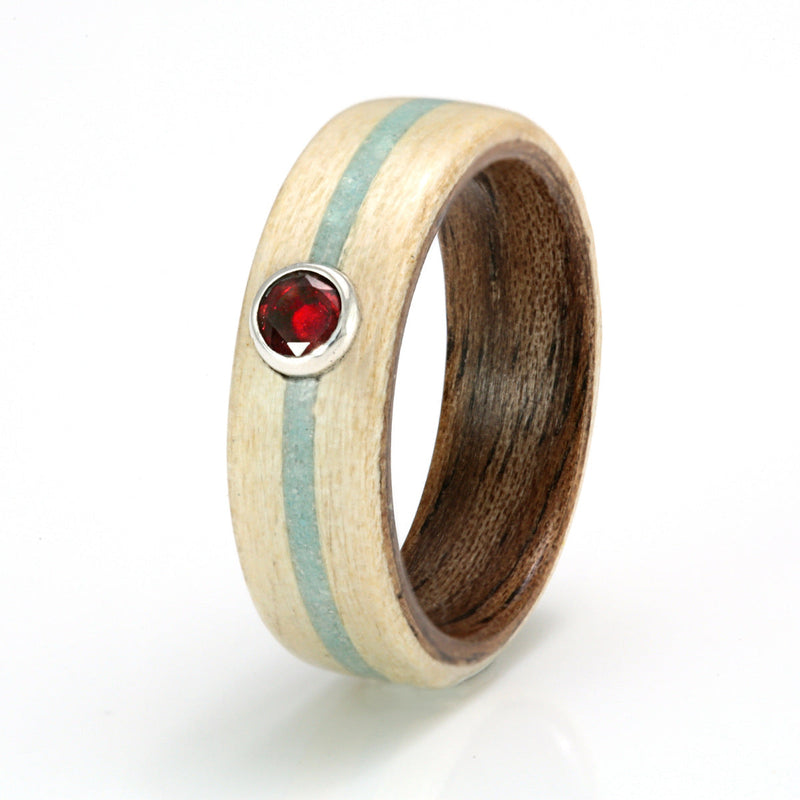 Silver Maple with Walnut, Blue Aragonite & Red Garnet by Eco Wood Rings