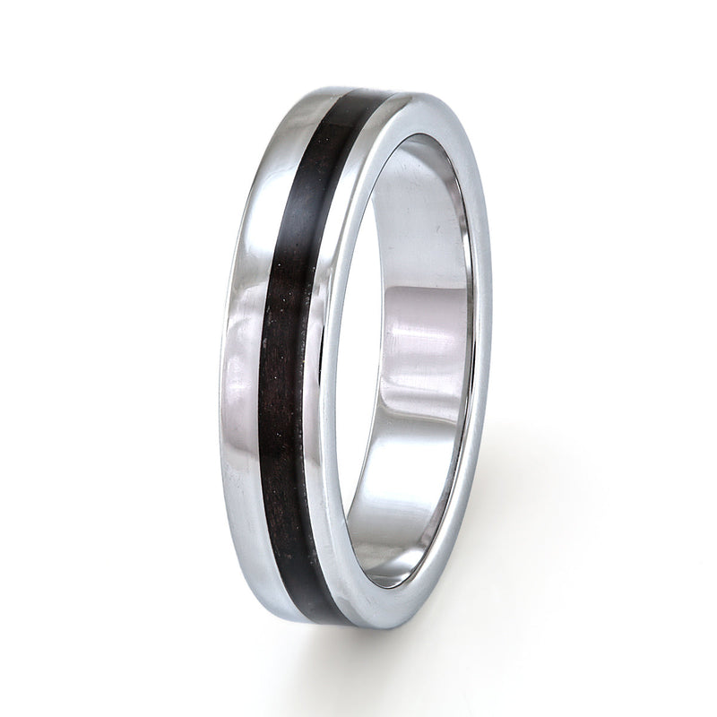 Steel Ring with Makassar Ebony - IN STOCK - Size T 1-2 by Eco Wood Rings