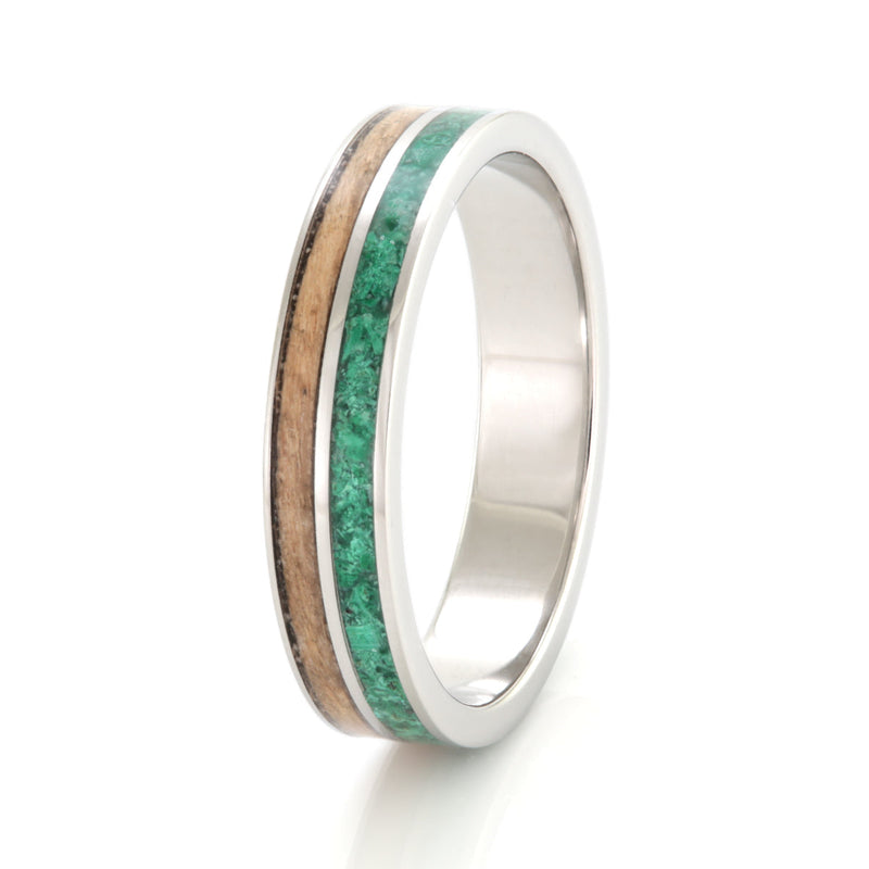 Steel Ring 4.5mm Flat Light with Wood Inlay & Malachite by Eco Wood Rings