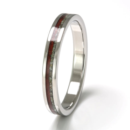 Steel Ring 4mm Flat with Wood Inlay, Tourmaline & Emerald