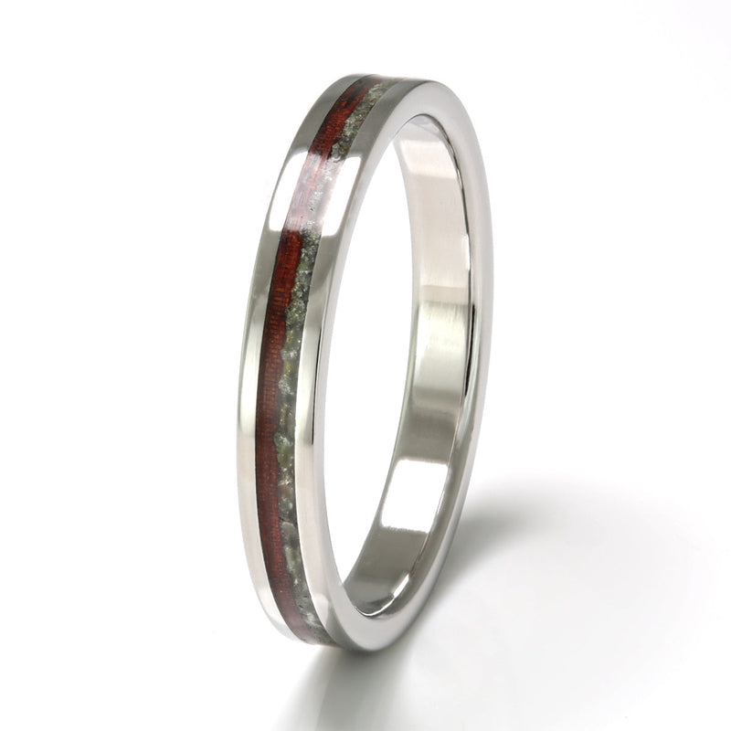 Steel Ring 4mm Flat with Wood Inlay, Tourmaline & Emerald by Eco Wood Rings