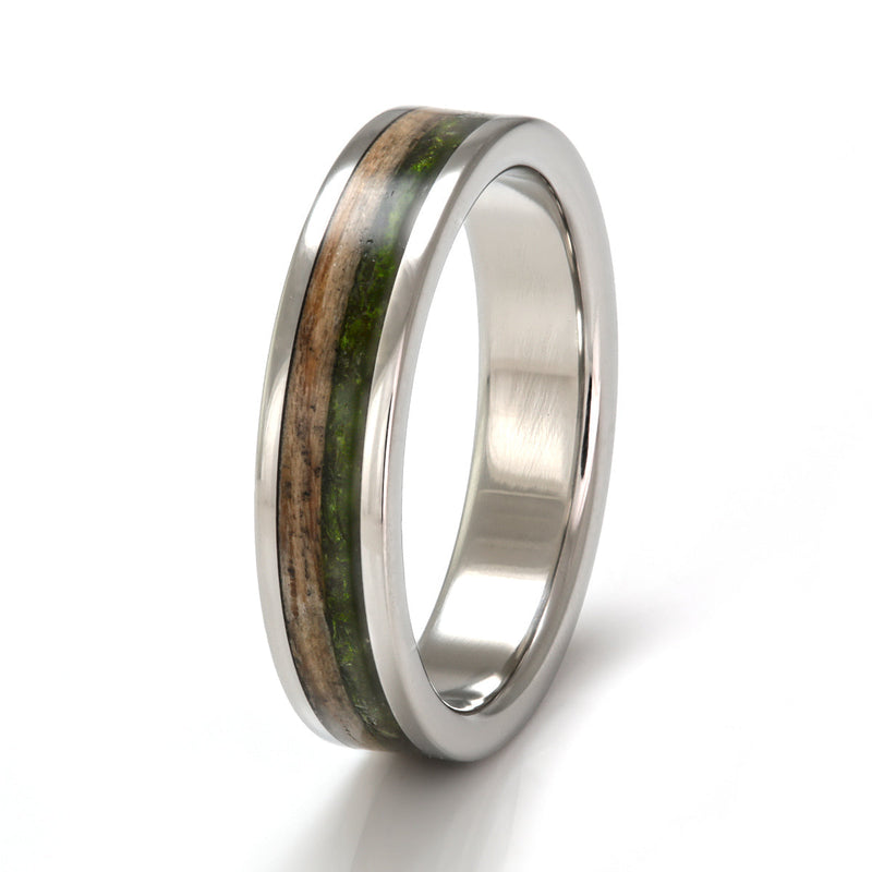 Steel Ring 5mm Flat with Wood Inlay & Moss by Eco Wood Rings