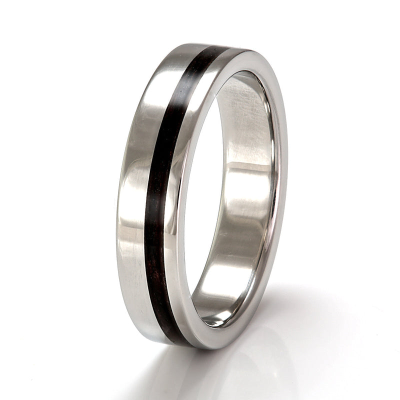 Steel Ring 5mm Flat with Off-Centre Wood Inlay by Eco Wood Rings