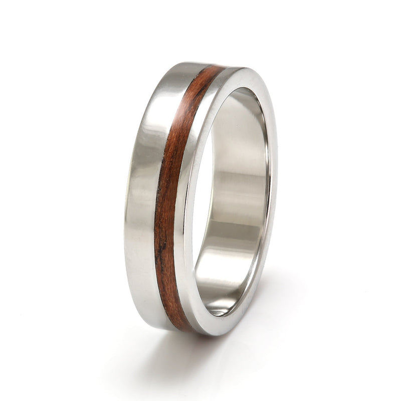 Steel Ring 5mm Flat Light with Off-Centre Wood Inlay by Eco Wood Rings