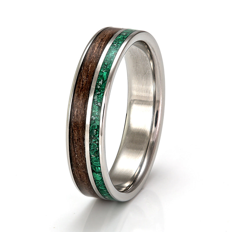Steel Ring 5mm Flat Light with Wood Inlay & Malachite by Eco Wood Rings