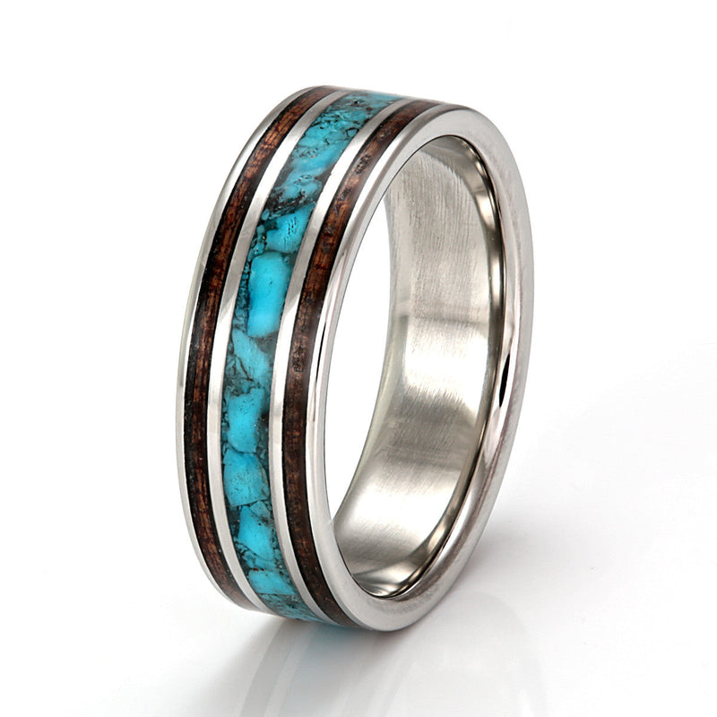 Steel Ring 6mm Flat Light with Wood Inlay & Turquoise by Eco Wood Rings