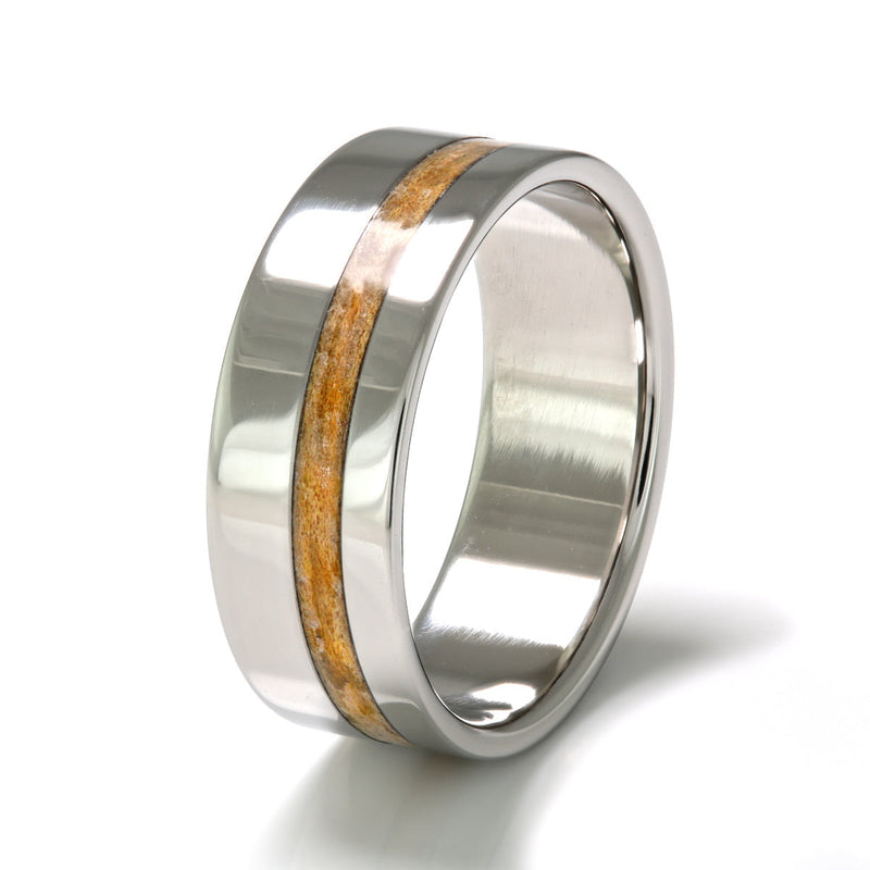 Steel Ring 8mm Flat Light with Off-Centre Wood Inlay by Eco Wood Rings