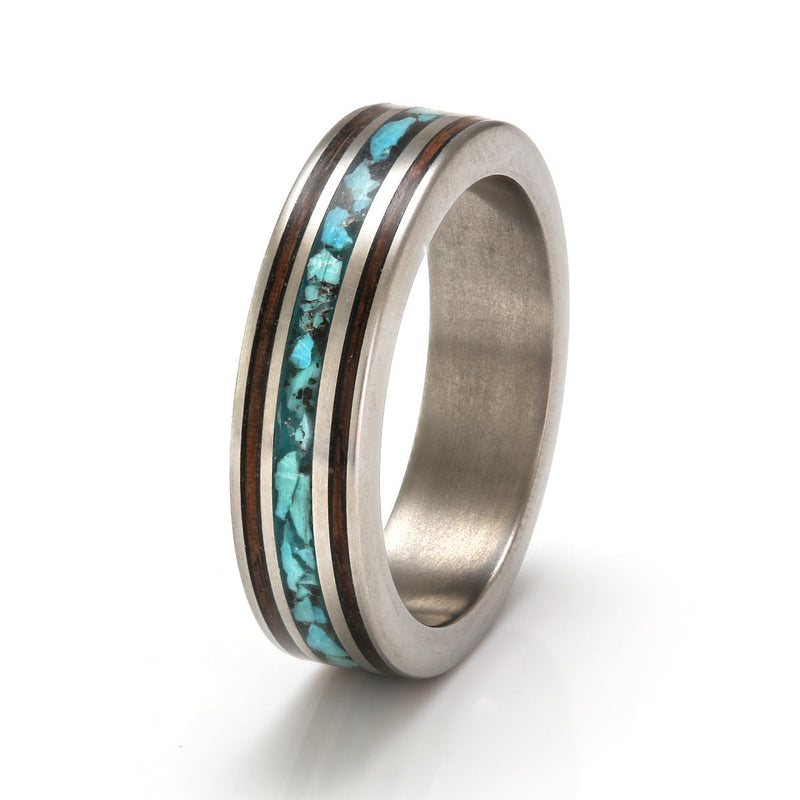 Titanium Ring 5mm Flat with Wood Inlay, Turquoise & Sand by Eco Wood Rings