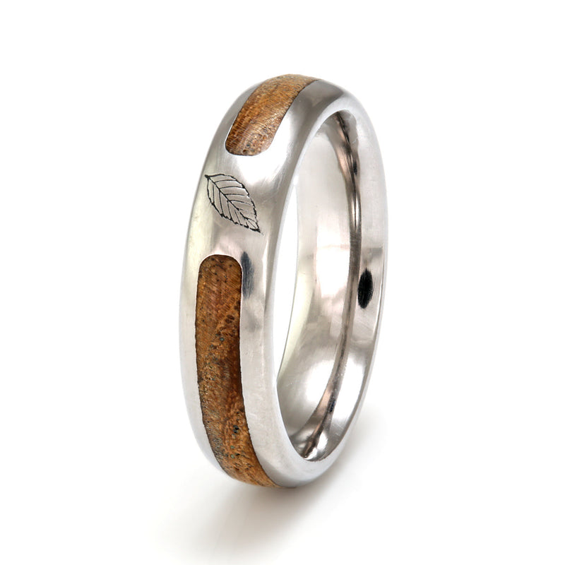 Titanium with Ash & Leaf Engraving by Eco Wood Rings
