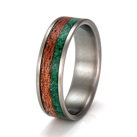 Titanium Ring 6mm Flat Light with Wood Inlay & Malachite