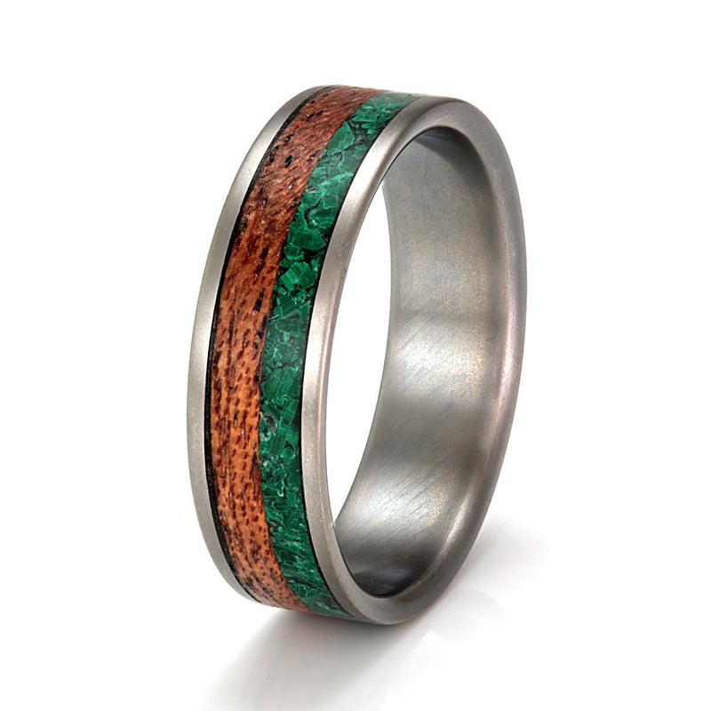 Titanium Ring 6mm Flat Light with Wood Inlay & Malachite by Eco Wood Rings