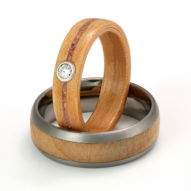 Titanium, Cedar, Amethyst, Ruby & Moissanite Set by Eco Wood Rings