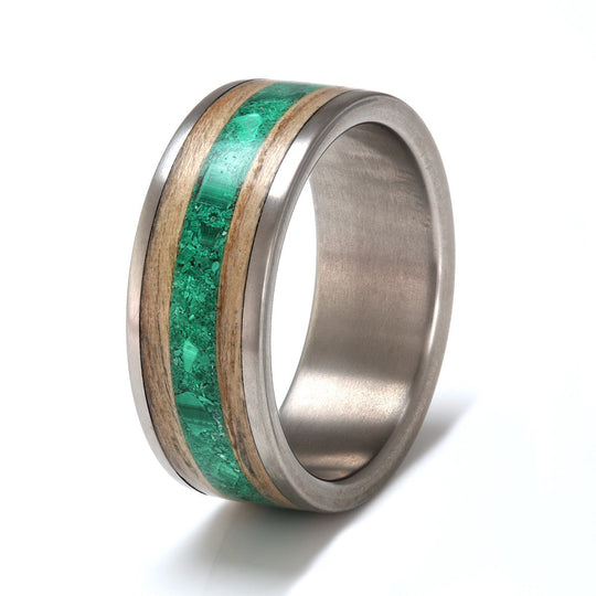 Titanium Ring 8mm Flat with Wood Inlay & Malachite