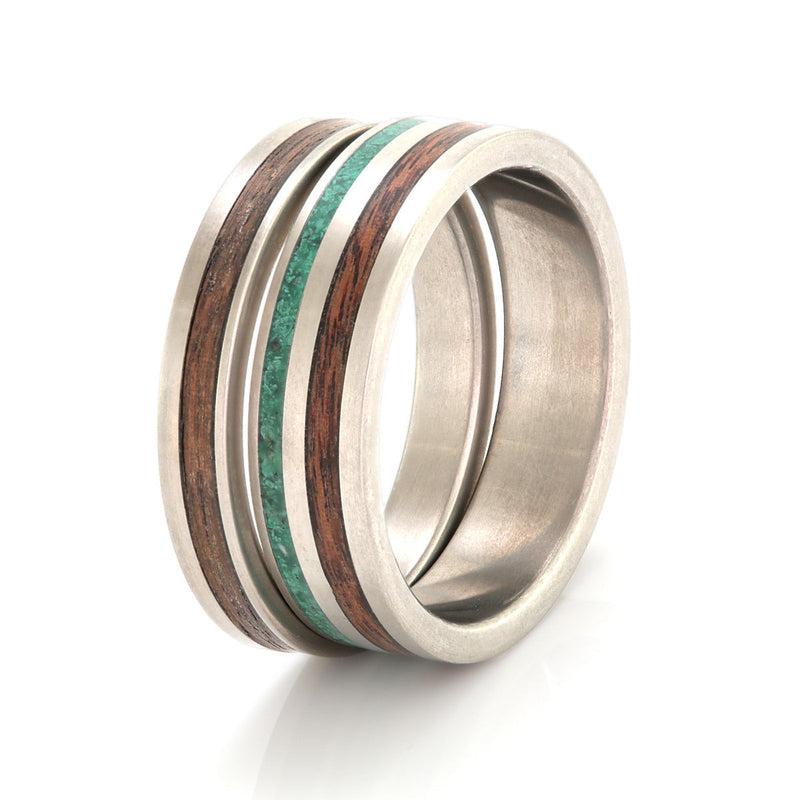Titanium Rings 3mm & 5mm Flat Light with Wood Inlays & Malachite by Eco Wood Rings