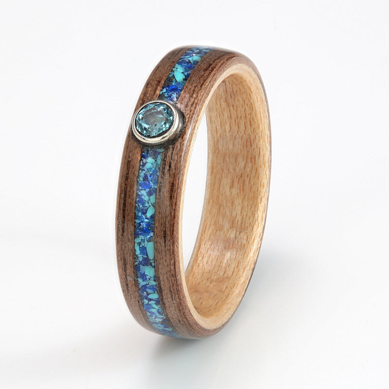 Walnut Ring 4.5mm with Maple, Lapis Lazuli, Turquoise & Topaz by Eco Wood Rings
