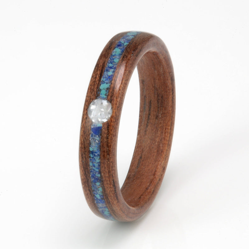 Walnut Ring 4mm with Lapis Lazuli, Turquoise & Mother of Pearl by Eco Wood Rings