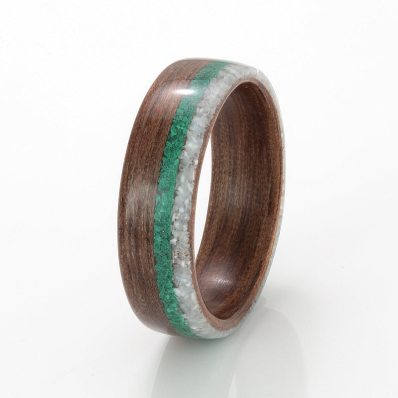 Walnut Ring 5mm with Malachite & Mother of Pearl by Eco Wood Rings
