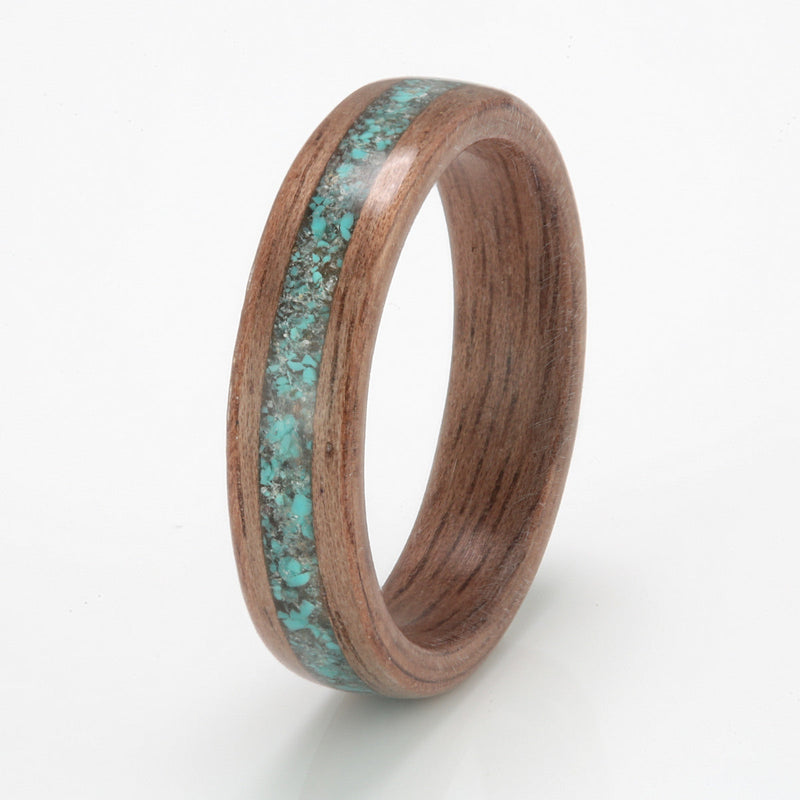 Walnut Ring 5mm with Aquamarine & Turquoise by Eco Wood Rings