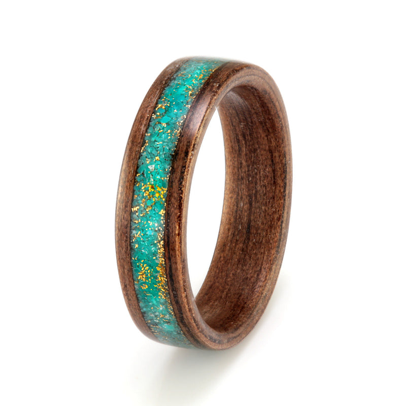 Walnut Ring 5mm with Turquoise & Gold Shavings by Eco Wood Rings