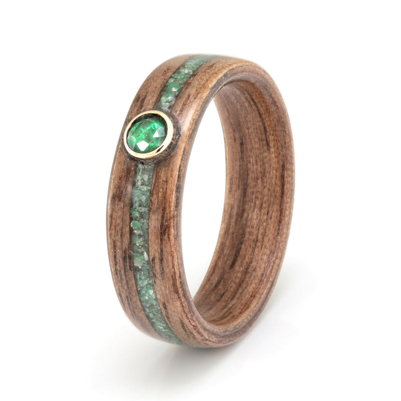 Walnut Ring 5mm with Jade & Emerald by Eco Wood Rings