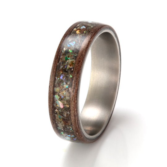 Walnut Ring 5mm with Titanium & Paua Shell