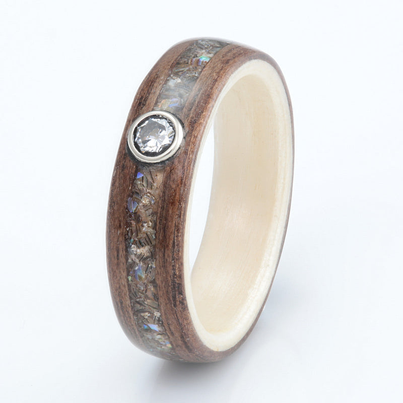 Walnut Ring 5mm with Willow, Paua Shell & Moissanite by Eco Wood Rings