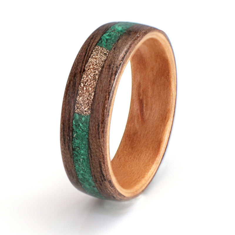 Walnut with Silver Birch, Malachite & Gold Shavings by Eco Wood Rings