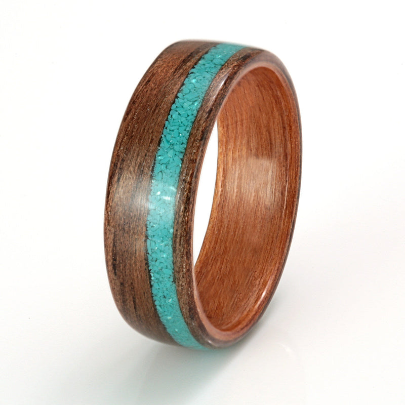 Walnut Ring 7mm with Cherry & Turquoise by Eco Wood Rings