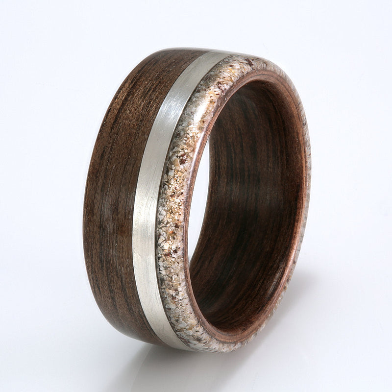 Walnut with Silver, Sand, Shell & Stone by Eco Wood Rings