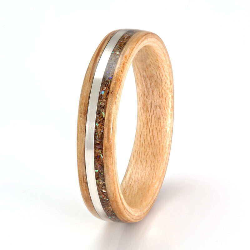 Oak Ring 4mm with Maple, Silver & Paua Shell by Eco Wood Rings