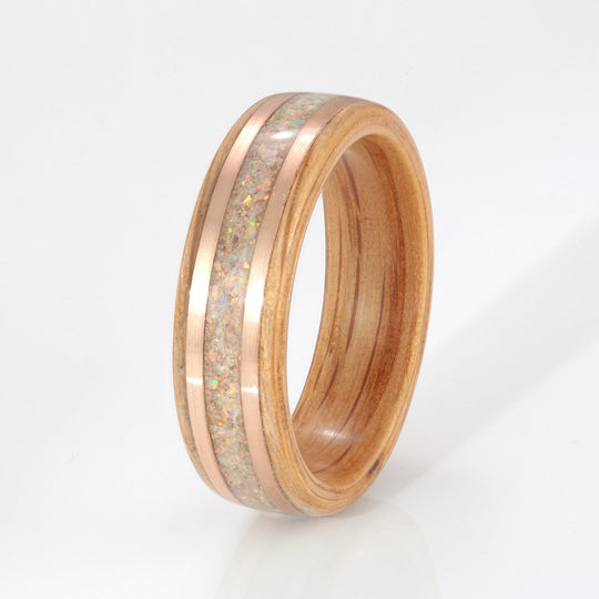 Whisky Oak Ring 6mm with Rose Gold, Opal, Sunstone & Moonstone