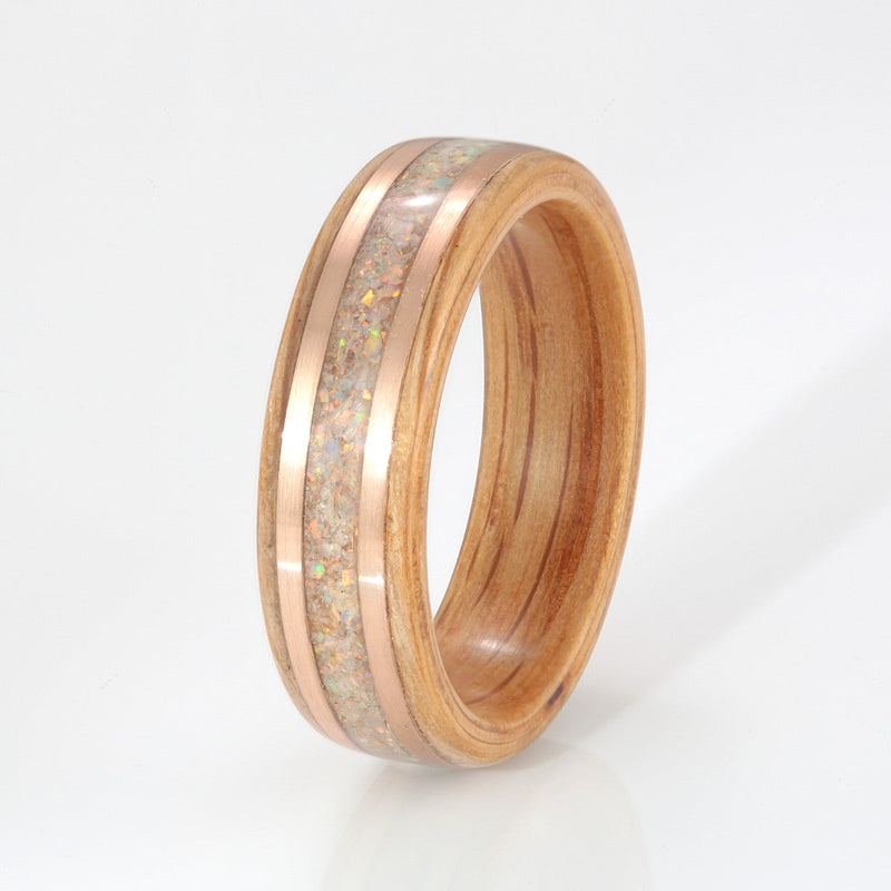 Whisky Oak Ring 6mm with Rose Gold, Opal, Sunstone & Moonstone by Eco Wood Rings
