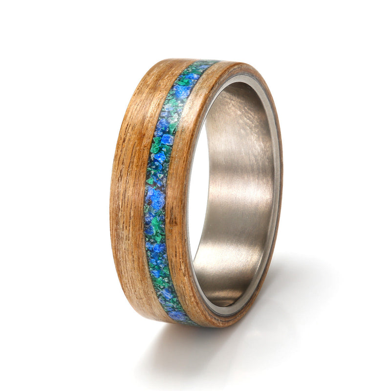 Whisky Oak Ring 6mm with Titanium, Lapis Lazuli & Malachite by Eco Wood Rings