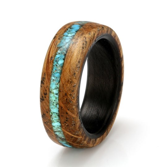 Whisky Oak Ring 8mm with Carbon Fibre & Turquoise
