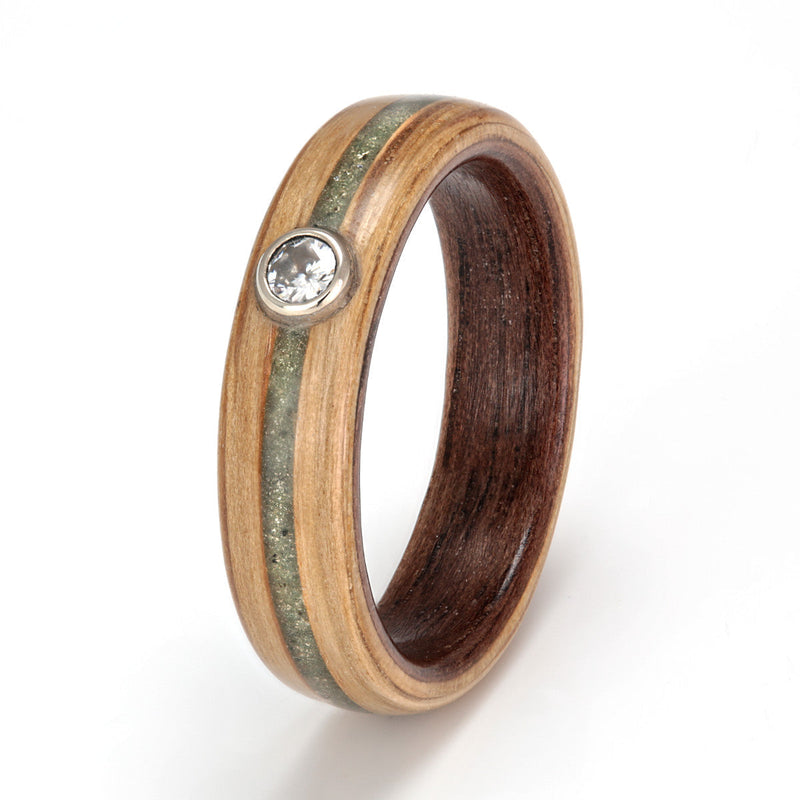 Oak with Walnut, Emerald, Diamond Dust & Diamond by Eco Wood Rings