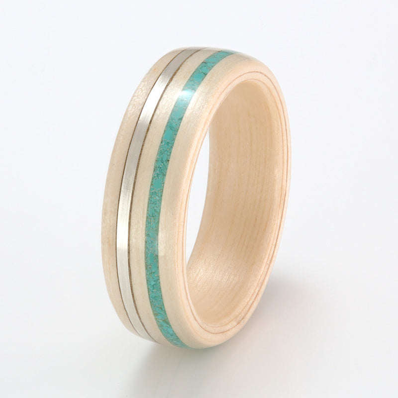 Willow Ring 6mm with Silver & Turquoise by Eco Wood Rings