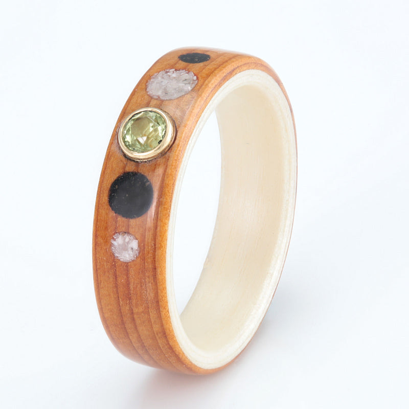 Yew with Willow, Whitby Jet, Mother of Pearl, Diamond Dust & Moissanite by Eco Wood Rings