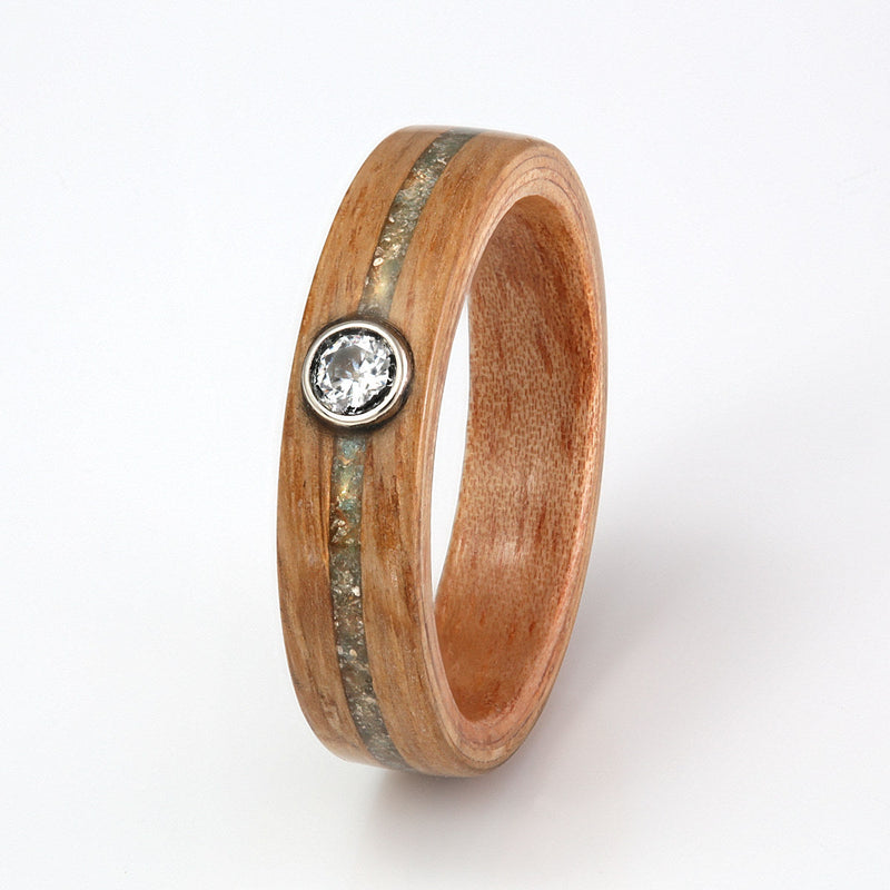 Oak Ring 5mm with Ash, Aquamarine & Moissanite by Eco Wood Rings